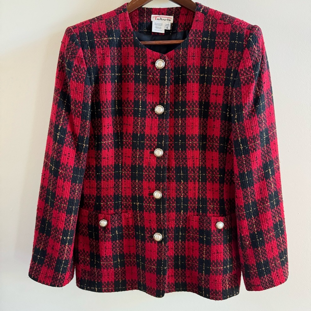 Talbots Plaid Red Black Blazer Pearl Buttons Size 6 Career Scottish Pockets